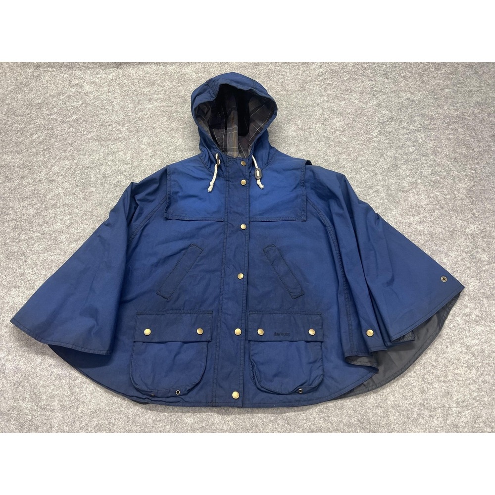Barbour Cape Womens 6 Blue Hooded Canvas Rain Coat Tartan Lined Outdoor Poncho